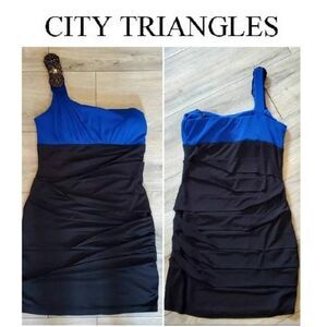 City triangles One-shoulded sparkle embellishment neckline Black/royal b…